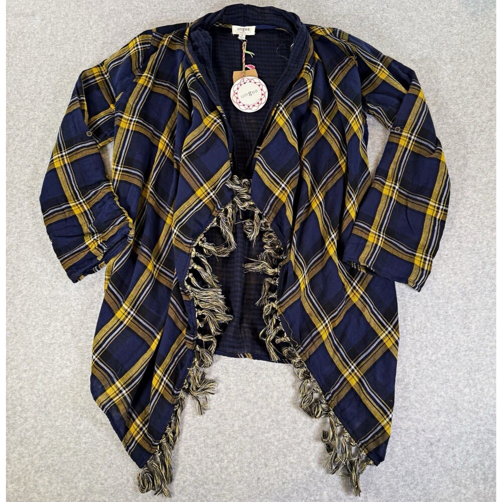 Umgee Plaid Fringe Open Front Cardigan Jacket Blue Yellow Kimono Shrug Cotton S